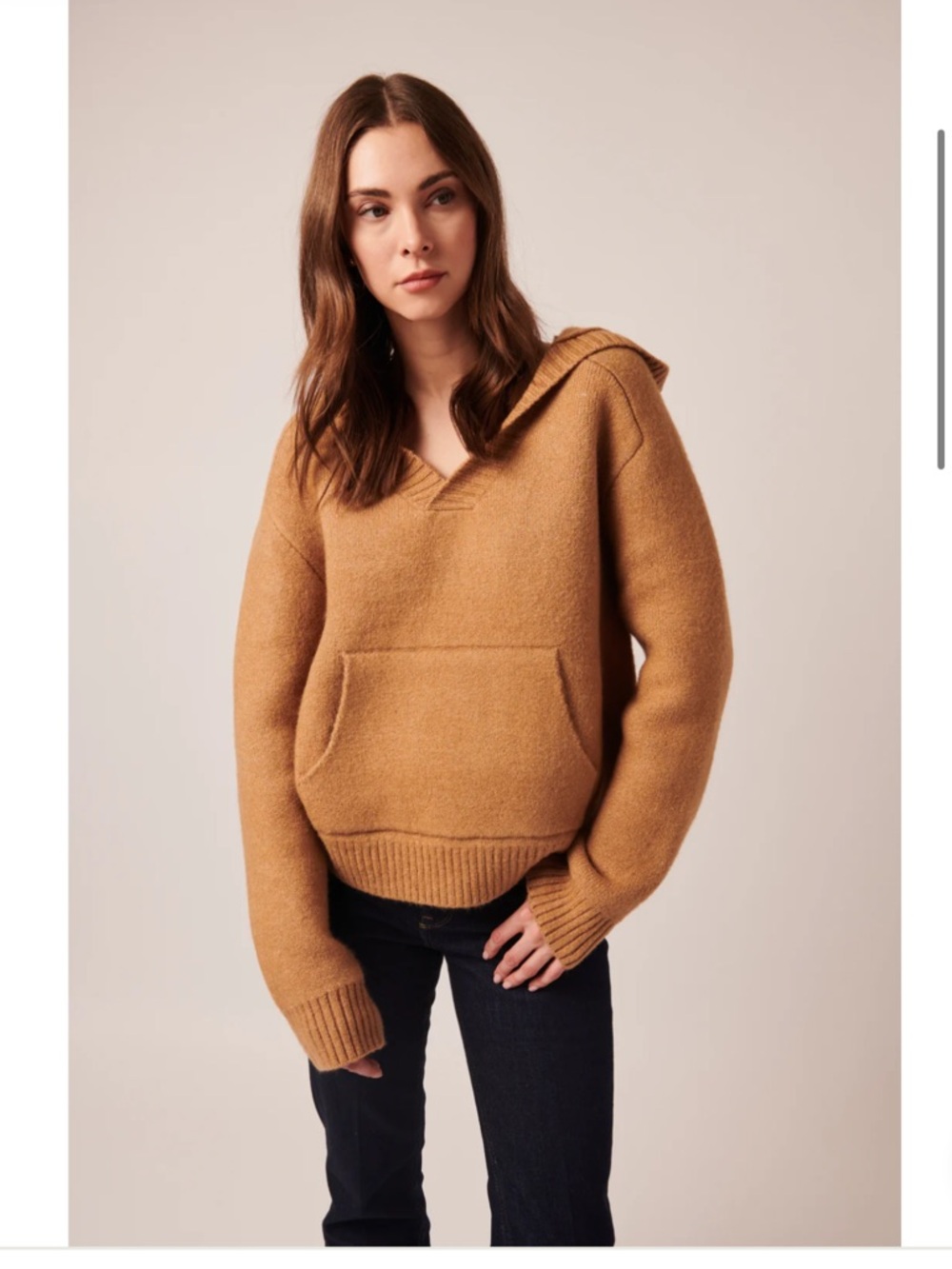 LINE “Diem” Hooded Knit Sweater Camel XS Cozy Pullover Pocket In maple $199 msrp